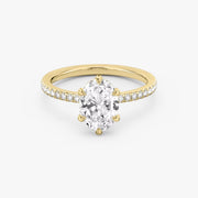 Oval Cut - Pave Band - 6 Prong Classic Ring - 14 K Gold